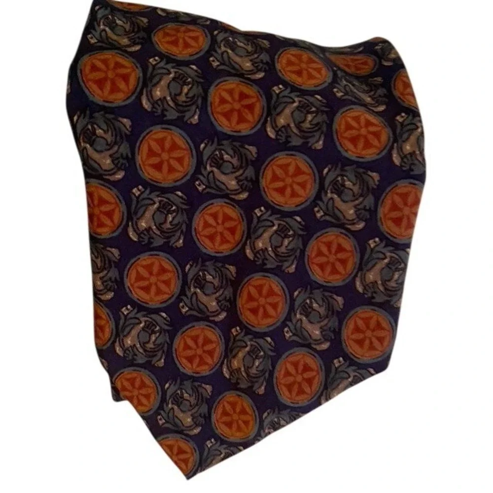 Christian Dior Monsieur Silk Tie Medallion Dragon Navy Blue Orange Geometric